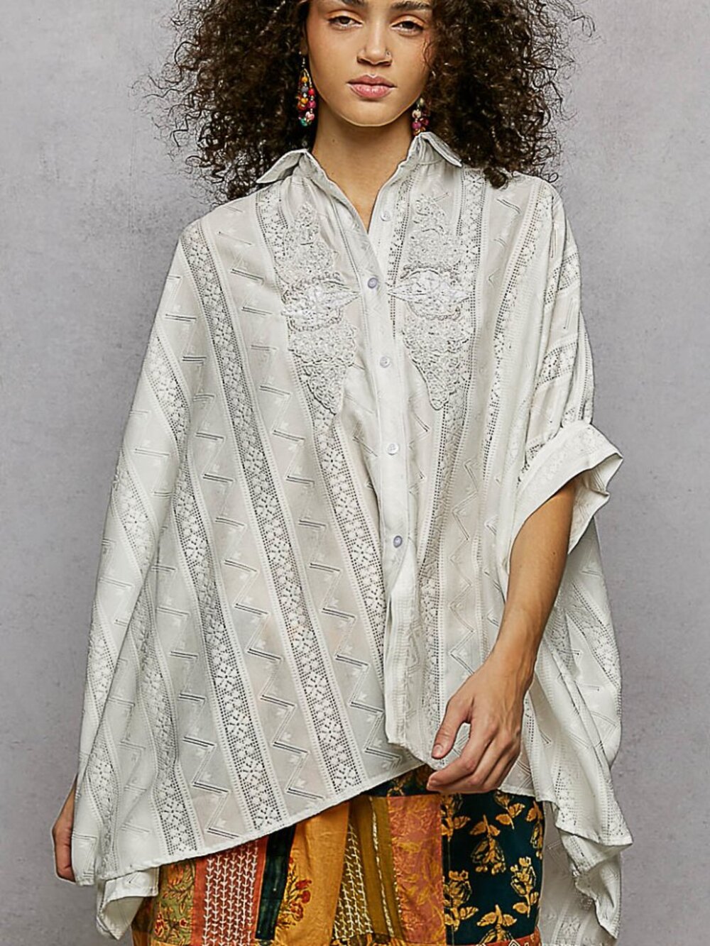POL RELAXED FIT SHIRT WITH LACE POINT TRIM/CREAM-BRAND NEW